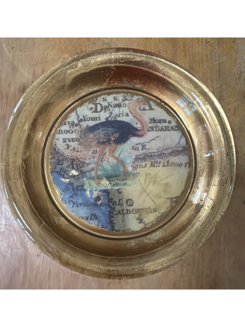 Wilder Decoupage Glass Large Coaster 8in Handmade Vintage Gold Leafed Rim